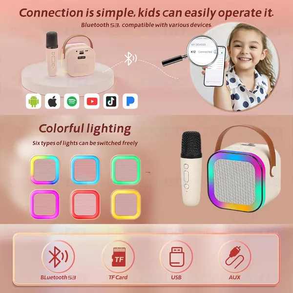 White_Metal_Mesh_Grille,_Leather_Handle,_Durable_Plastic_Body_Bluetooth_Karaoke_Speaker_For_Kids