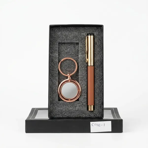 Brown_Metal_Pu_Leather_Pen_Keychain_Corporate_Gift_Combo