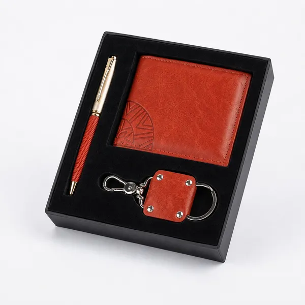 Reddish_Brown_Pu_Leather_Purse_Pen_Keychain_Executive_Gift_Combo