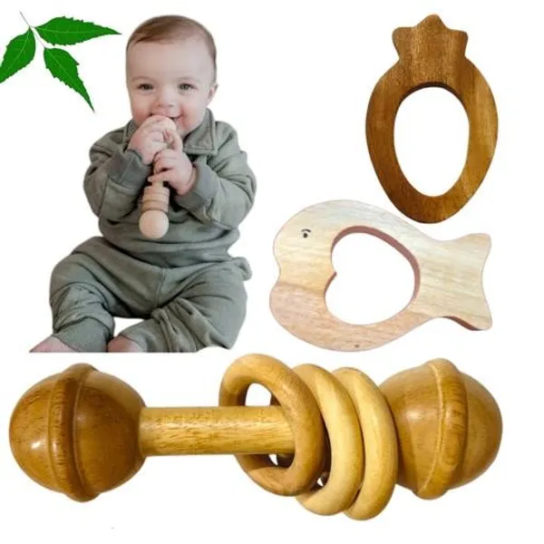 Natural_Neem_Wood_Baby_Rattles_With_Fish_Shaped_And_Strawberry_Shaped_Teether_(Set_Of_Combo_3)