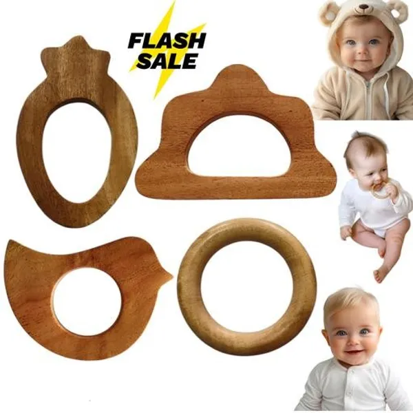 Neem_Wood_Teether_A_Natural_Choice_For_Your_Baby__Shapes_Strawberry_Cloud_Bird_And_Ring_(Set_Of_Combo4)