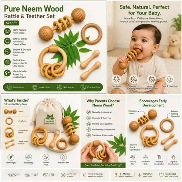 Eco_Friendly_Neem_Wood_Baby_Rattle_Teether_Handmade_Infant_Toys__(Set_Of_Combo__5)