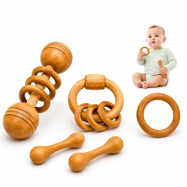 Eco_Friendly_Neem_Wood_Baby_Rattle_Teether_Handmade_Infant_Toys__(Set_Of_Combo__5)