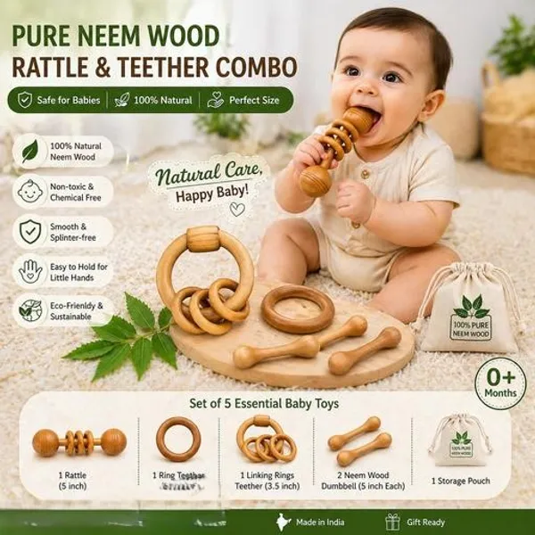Eco_Friendly_Neem_Wood_Baby_Rattle_Teether_Handmade_Infant_Toys__(Set_Of_Combo__5)