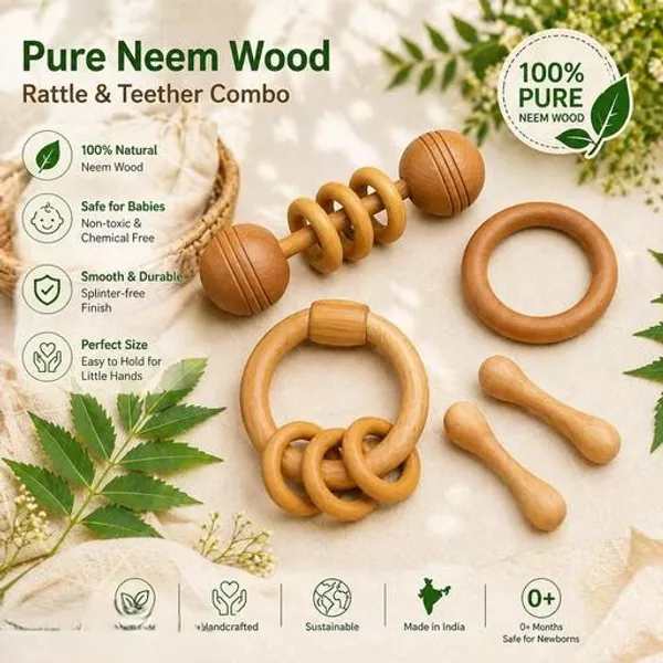 Eco_Friendly_Neem_Wood_Baby_Rattle_Teether_Handmade_Infant_Toys__(Set_Of_Combo__5)