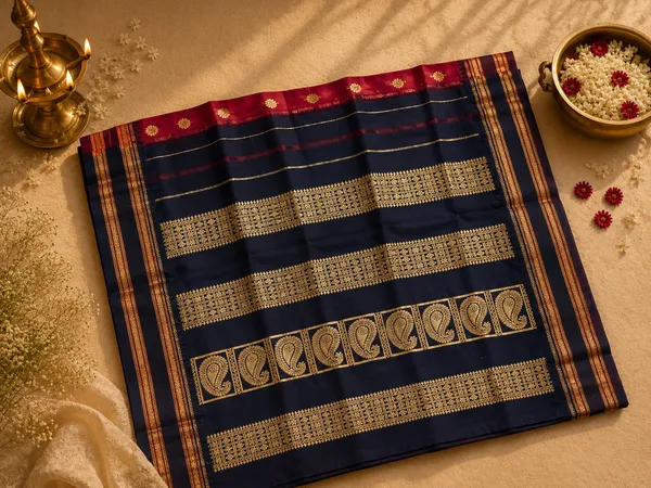 Crimson_Red_Cross_Black_Semi_Silk_Narayan_Peth_Saree_with_All_Over_Zari_Weave