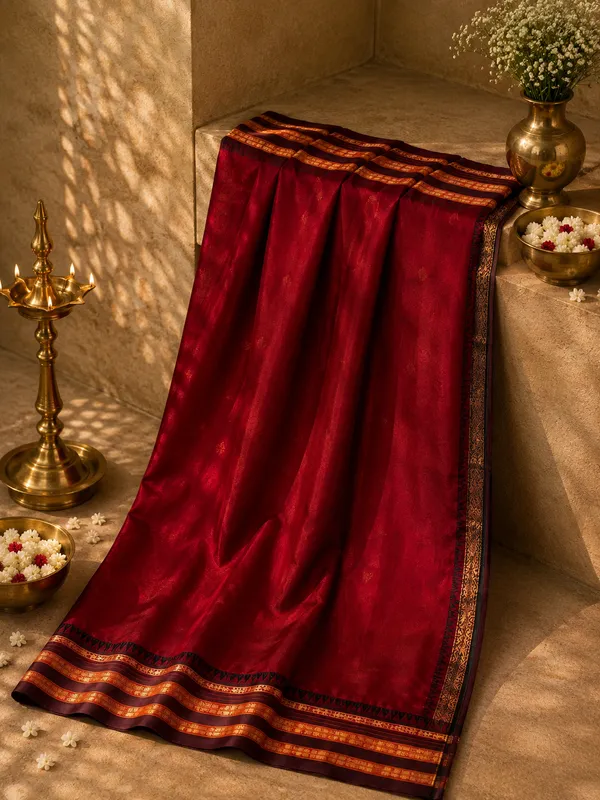 Crimson_Red_Cross_Black_Semi_Silk_Narayan_Peth_Saree_with_All_Over_Zari_Weave