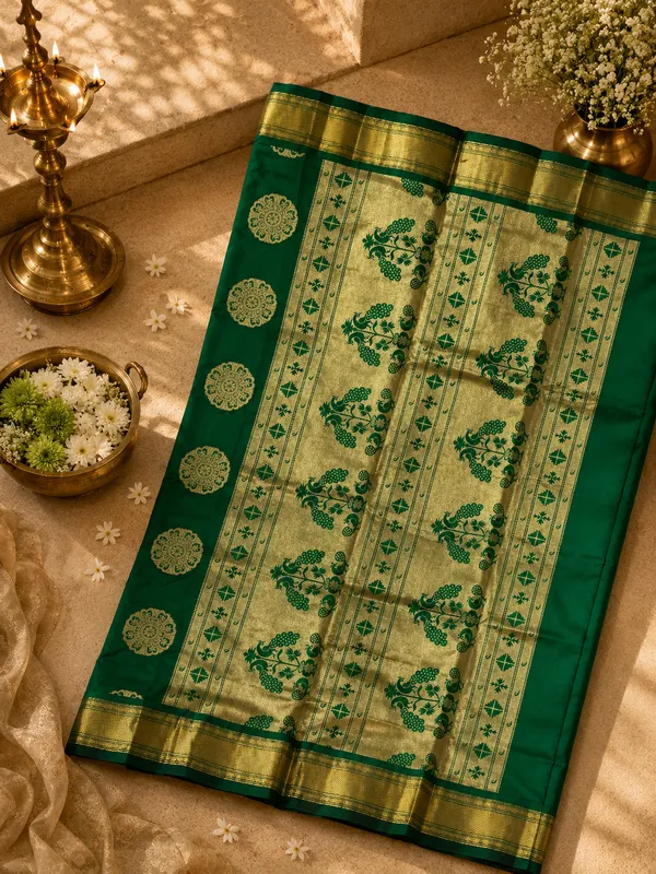Dark_Green_Semi_Silk_Self_Paithani_Saree_with_All_Over_Zari_Weave