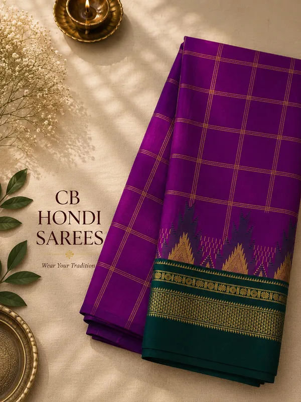 Megenta_Ilkal_Saree_with_Zari_Checked_Pattern