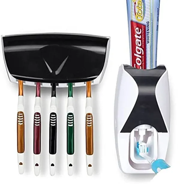 Black_And_White_Plastic_Toothpaste_Dispenser_With_Toothbrush_Holder