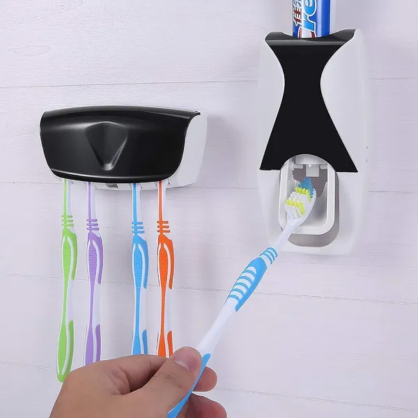 Black_And_White_Plastic_Toothpaste_Dispenser_With_Toothbrush_Holder