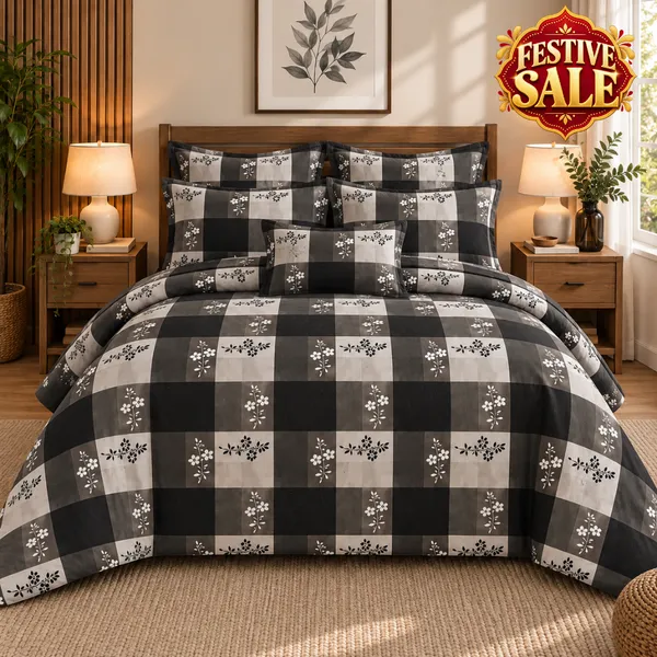 Trufinsh_Black_Grey_Checkered_Cotton_400_TC_Double_Bedsheet_Set-Bookfold_Gift_Packaging