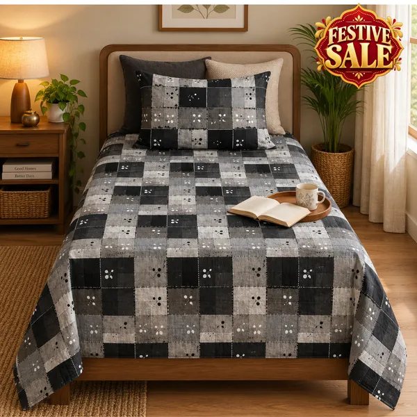 Trufinsh_Black_&_Grey_Printed_Checkered_Single_Bedsheet_with_1_Pillow_Cover