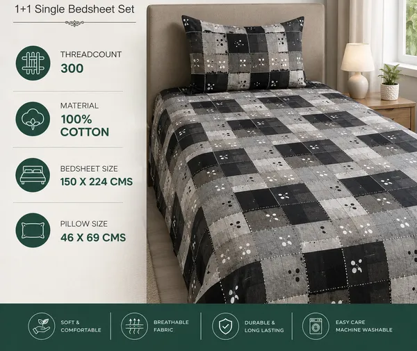 Trufinsh_Black_&_Grey_Printed_Checkered_Single_Bedsheet_with_1_Pillow_Cover