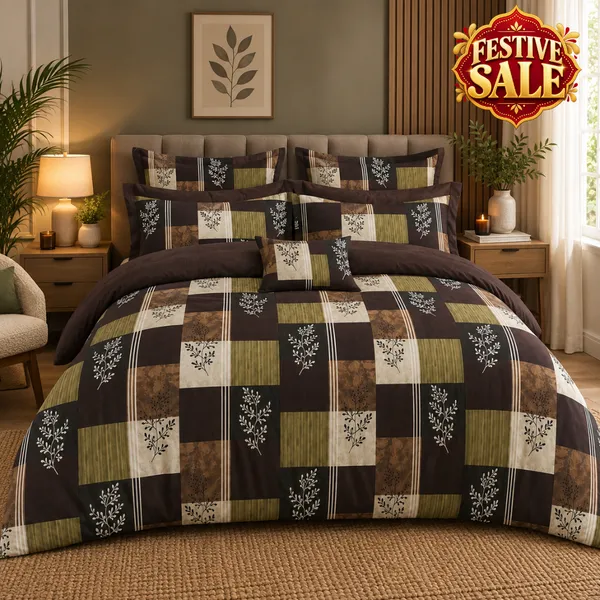 Trufinsh_Brown_&_Green_Geometric_Cotton_400_TC_Double_Bedsheet_Set_|_Bookfold_Gift_Packaging