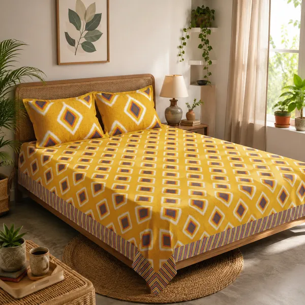Mustard_Diamond_Print_Bedsheet_Set_–_Handloom_Cotton