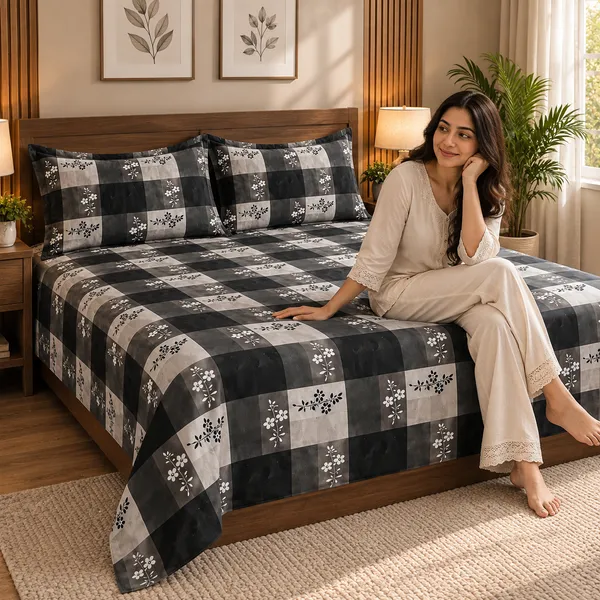 Black_Grey_Checkered_Cotton_400_TC_Double_Bedsheet_Set-Bookfold_Gift_Packaging