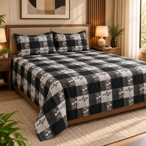 Black_Grey_Checkered_Cotton_400_TC_Double_Bedsheet_Set-Bookfold_Gift_Packaging