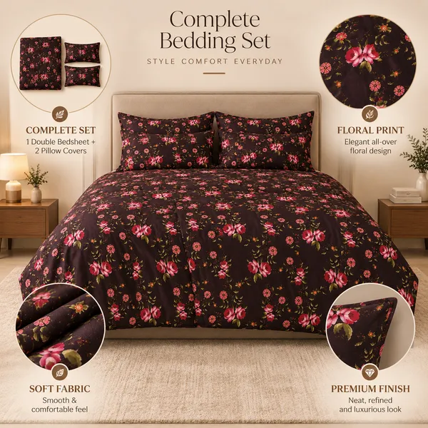 Brown_Floral_Cotton_400_TC_Double_Bedsheet_Set_|_Bookfold_Gift_Packaging