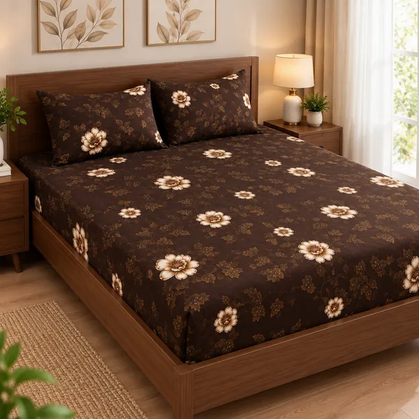 Brown_Floral_Cotton_400_TC_Double_Bedsheet_Set_|_Bookfold_Gift_Packaging