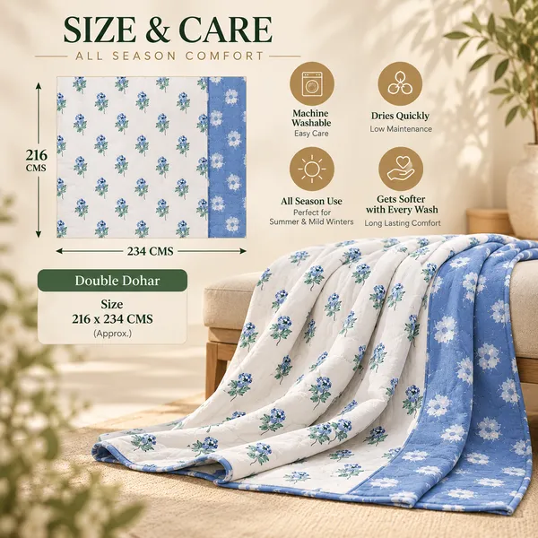 Trufinsh_Blue_Meadow_Floral_100%_Cotton_3-Layer_Double_Bed_Dohar,_Reversible_AC_Blanket