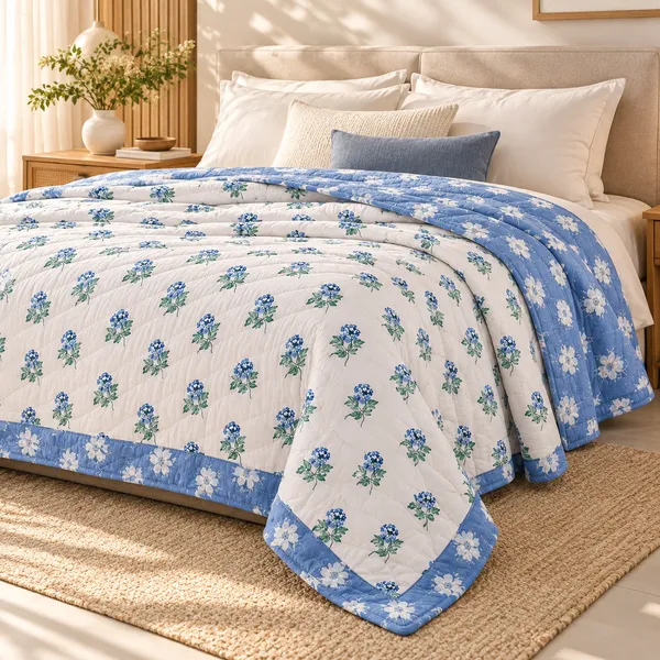 Trufinsh_Blue_Meadow_Floral_100%_Cotton_3-Layer_Double_Bed_Dohar,_Reversible_AC_Blanket