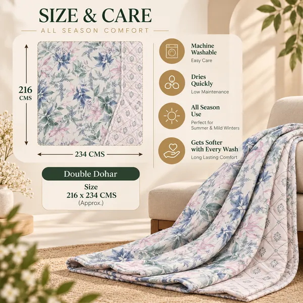Trufinsh_100%_Cotton_Double_Bed_Dohar,_Reversible_3-Layer_Cotton_Dohar,_Lightweight_AC_Blanket,_Summer_Blanket,_Pastel_Floral_Print