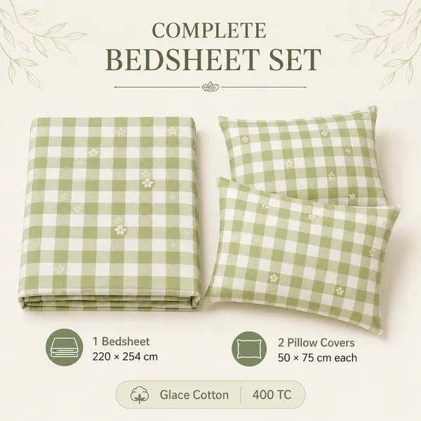 Green_Gingham_Floral_Cotton_Double_Bedsheet_set_-_Bookfold_Gift_Packaging