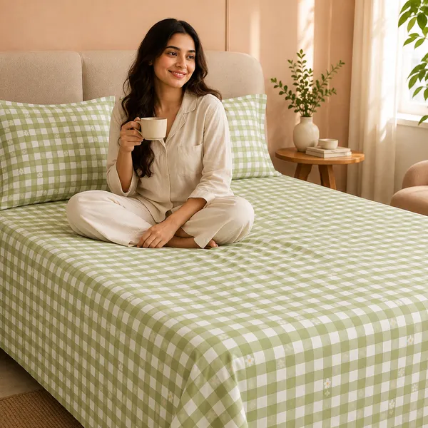 Green_Gingham_Floral_Cotton_Double_Bedsheet_set_-_Bookfold_Gift_Packaging