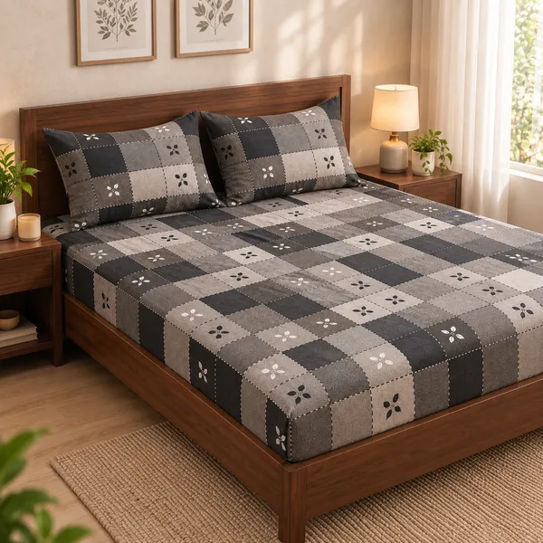 Grey_Checkered_Cotton_400_TC_Double_Bedsheet_Set-Bookfold_Gift_Packaging