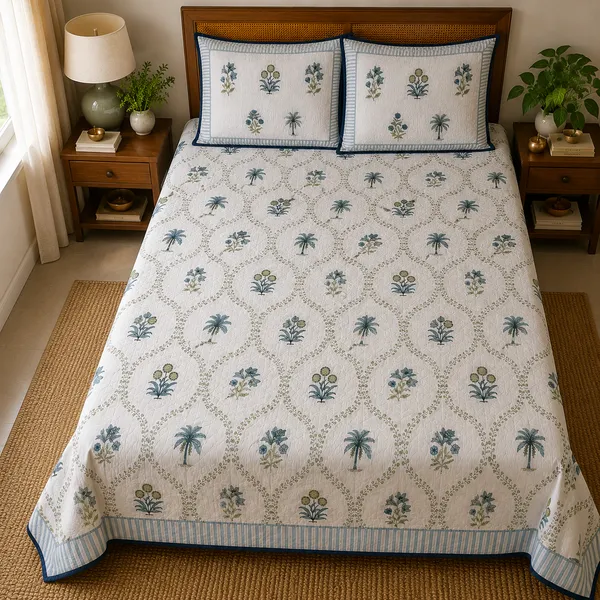 Grey_&_Green_Floral_Handloom_Cotton_Bedsheet_Set_with_2_Quilted_Pillow_Covers_|__Gift_Packaging