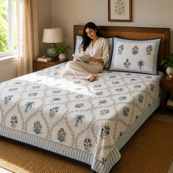 Grey_&_Green_Floral_Handloom_Cotton_Bedsheet_Set_with_2_Quilted_Pillow_Covers_|__Gift_Packaging