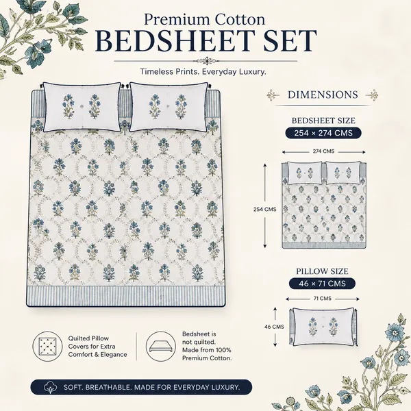 Grey_&_Green_Floral_Handloom_Cotton_Bedsheet_Set_with_2_Quilted_Pillow_Covers_|__Gift_Packaging