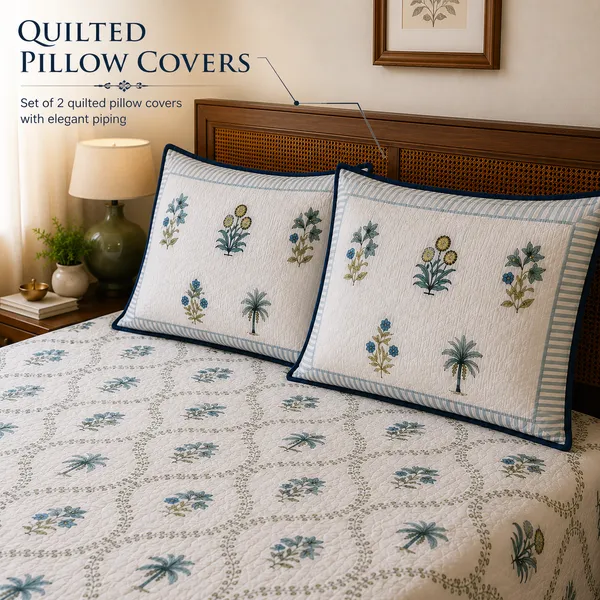 Grey_&_Green_Floral_Handloom_Cotton_Bedsheet_Set_with_2_Quilted_Pillow_Covers_|__Gift_Packaging