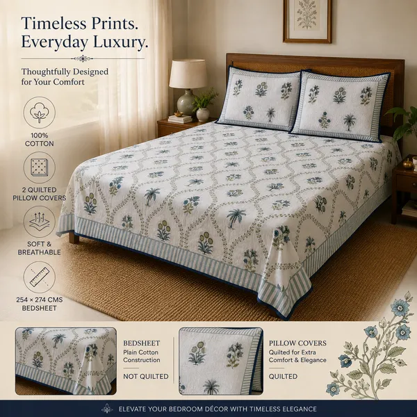 Grey_&_Green_Floral_Handloom_Cotton_Bedsheet_Set_with_2_Quilted_Pillow_Covers_|__Gift_Packaging