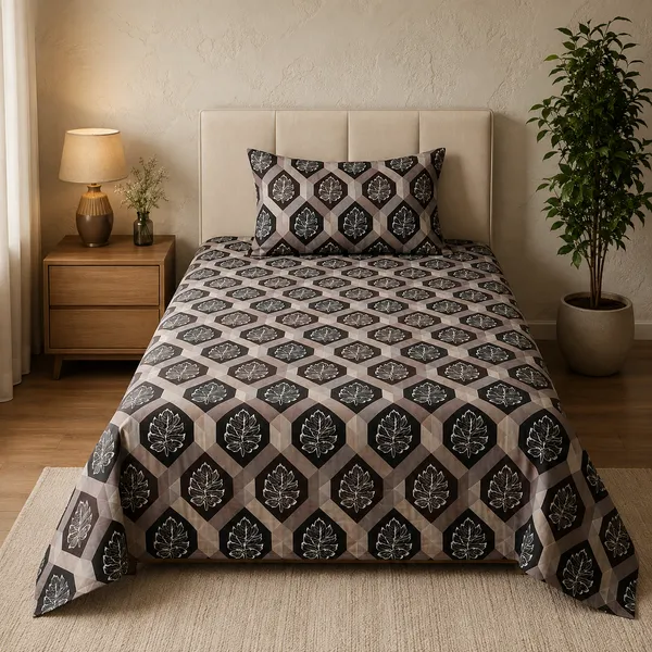 Trufinsh_Brown_Geometric_Leaf_Printed_Single_Bedsheet_with_1_Pillow_Cover