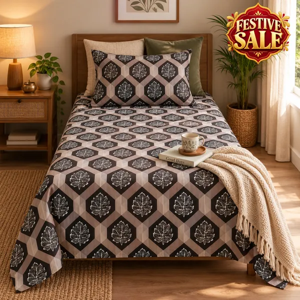 Trufinsh_Brown_Geometric_Leaf_Printed_Single_Bedsheet_with_1_Pillow_Cover