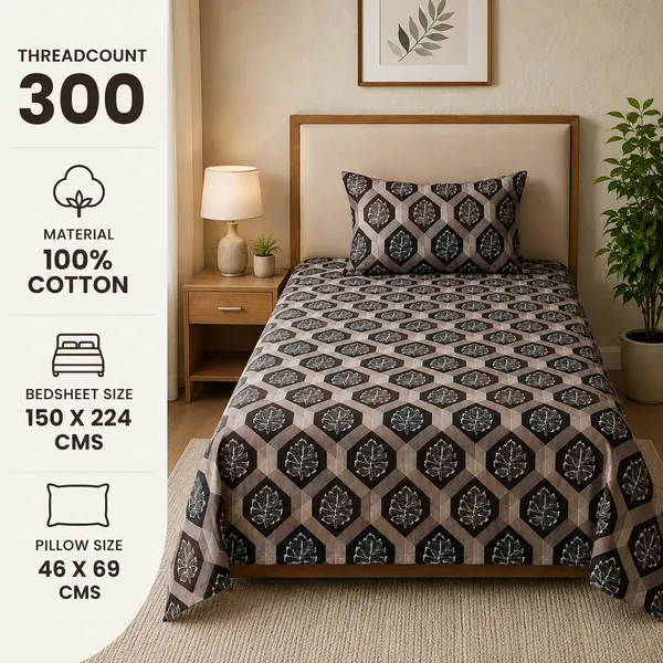 Trufinsh_Brown_Geometric_Leaf_Printed_Single_Bedsheet_with_1_Pillow_Cover