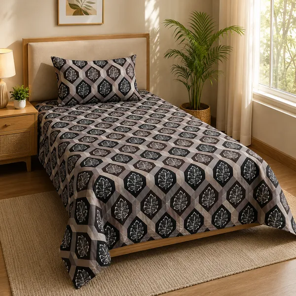 Trufinsh_Brown_Geometric_Leaf_Printed_Single_Bedsheet_with_1_Pillow_Cover