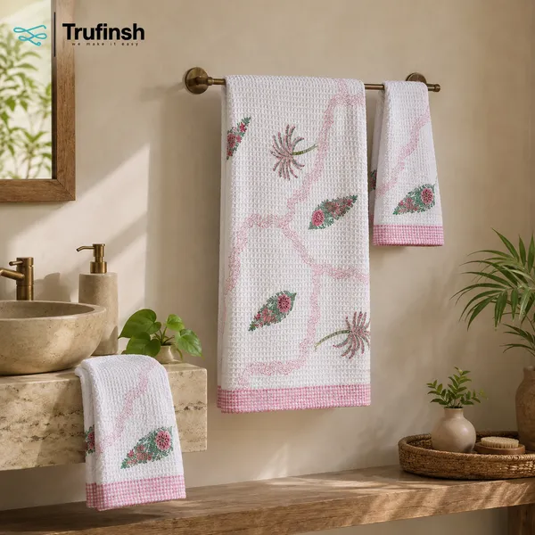 Trufinsh_Pink_Floral_Printed_Waffle_Towel_Set_–_3_Piece