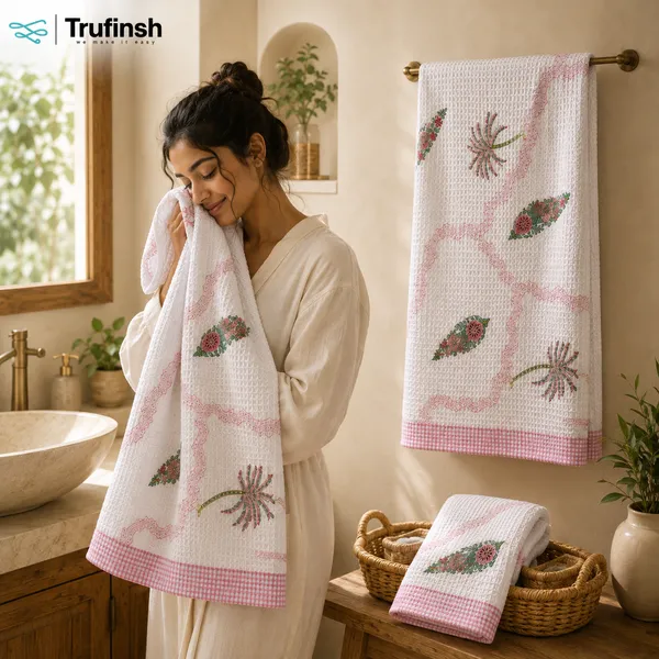 Trufinsh_Pink_Floral_Printed_Waffle_Towel_Set_–_3_Piece