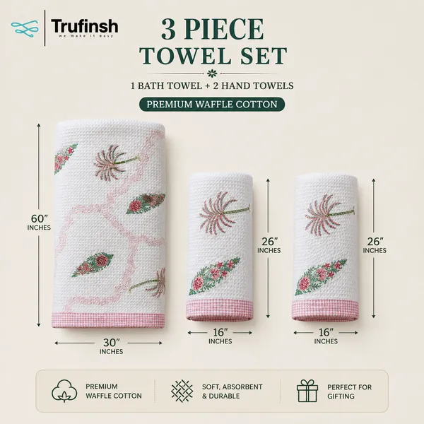 Trufinsh_Pink_Floral_Printed_Waffle_Towel_Set_–_3_Piece