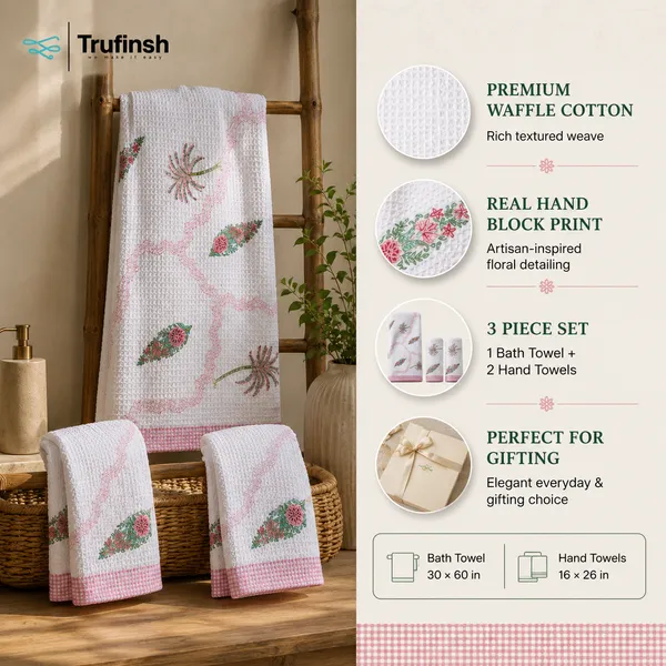 Trufinsh_Pink_Floral_Printed_Waffle_Towel_Set_–_3_Piece