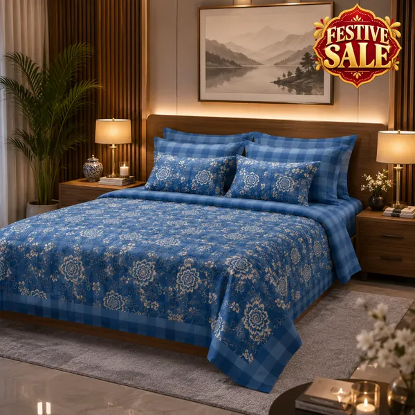 Trufinsh_Blue_Check_Floral_Bedsheet_Set_–_Cotton