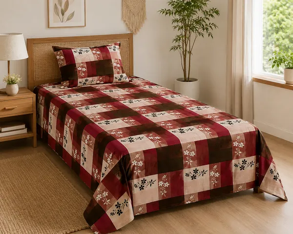 Trufinsh_Burgundy_&_Brown_Checkered_Printed_Single_Bedsheet_with_1_Pillow_Cover
