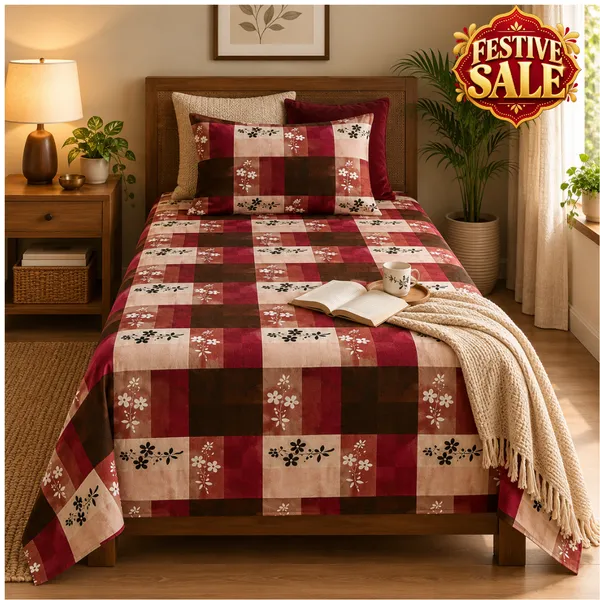 Trufinsh_Burgundy_&_Brown_Checkered_Printed_Single_Bedsheet_with_1_Pillow_Cover