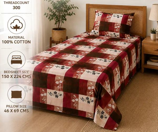 Trufinsh_Burgundy_&_Brown_Checkered_Printed_Single_Bedsheet_with_1_Pillow_Cover