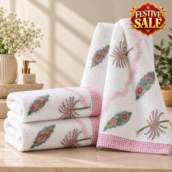 Trufinsh_Pink_Floral_Printed_Waffle_Towel_Set_–_3_Piece
