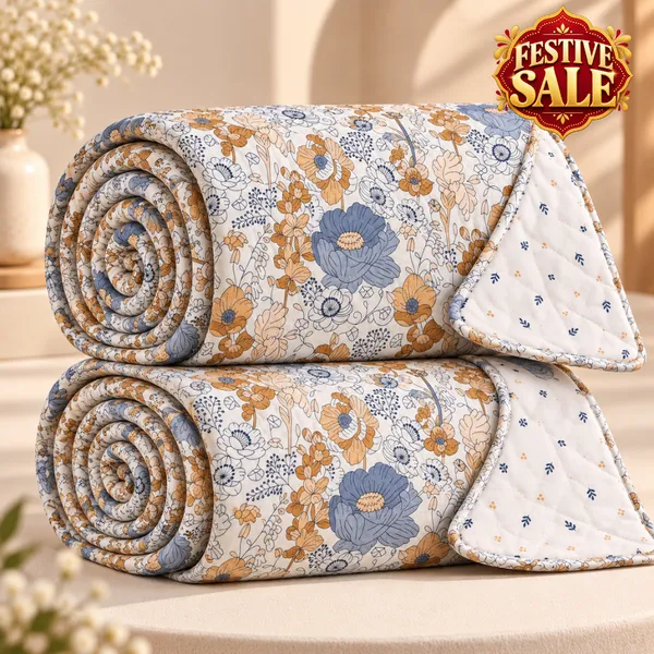 Trufinsh_100%_Cotton_Single_Dohar_Set_of_2,_(1_Pair)_,_3-Layer_Reversible_Dohar_,_Lightweight_AC_Blanket,_Summer_Blanket,_Blue_Mustard_Floral_Print