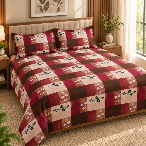 Maroon_Checkered_Cotton_400_TC_Double_Bedsheet_Set-Bookfold_Gift_Packaging